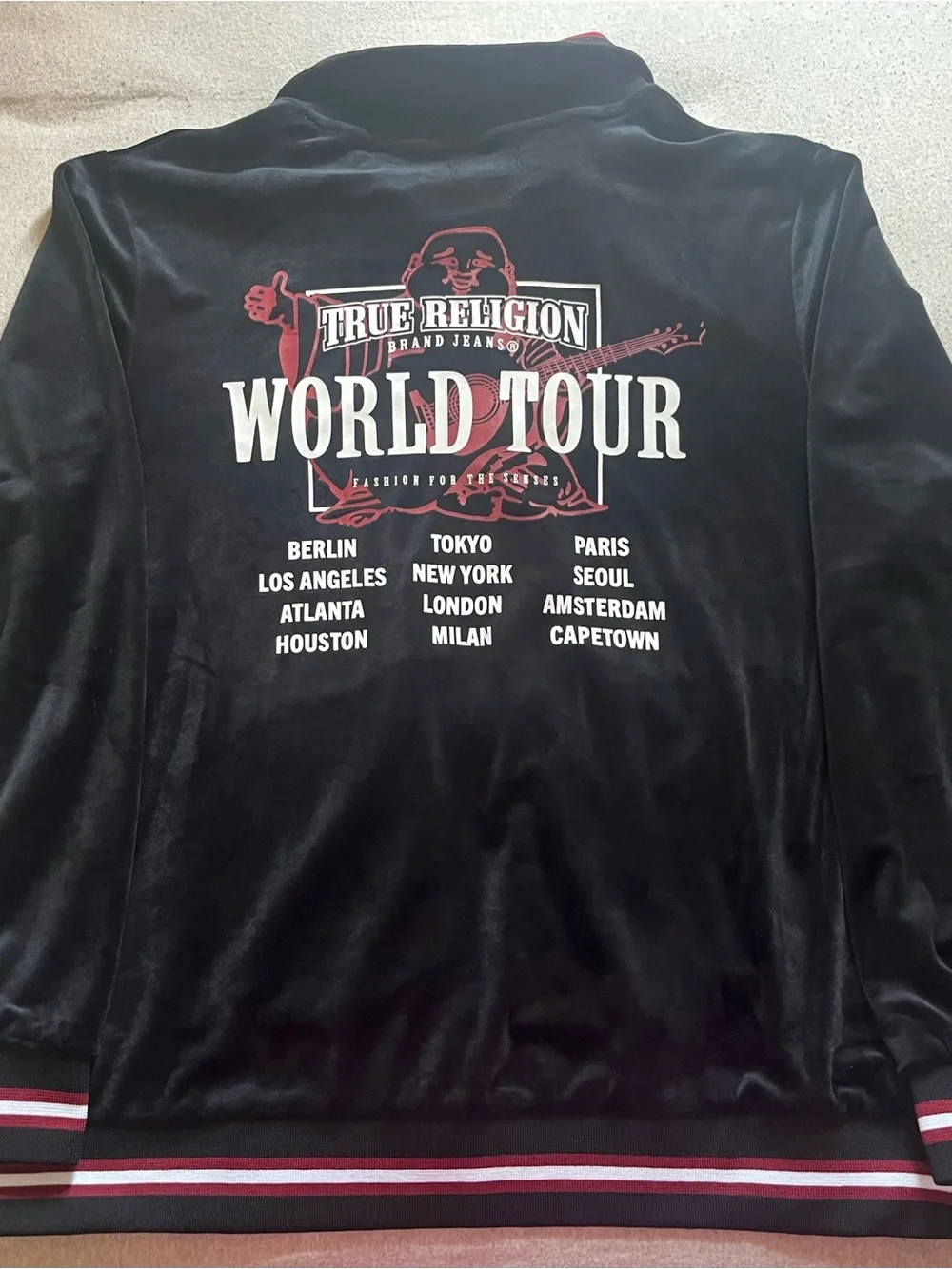 True Religion Black Velour Track Bomber with Red and White Trim